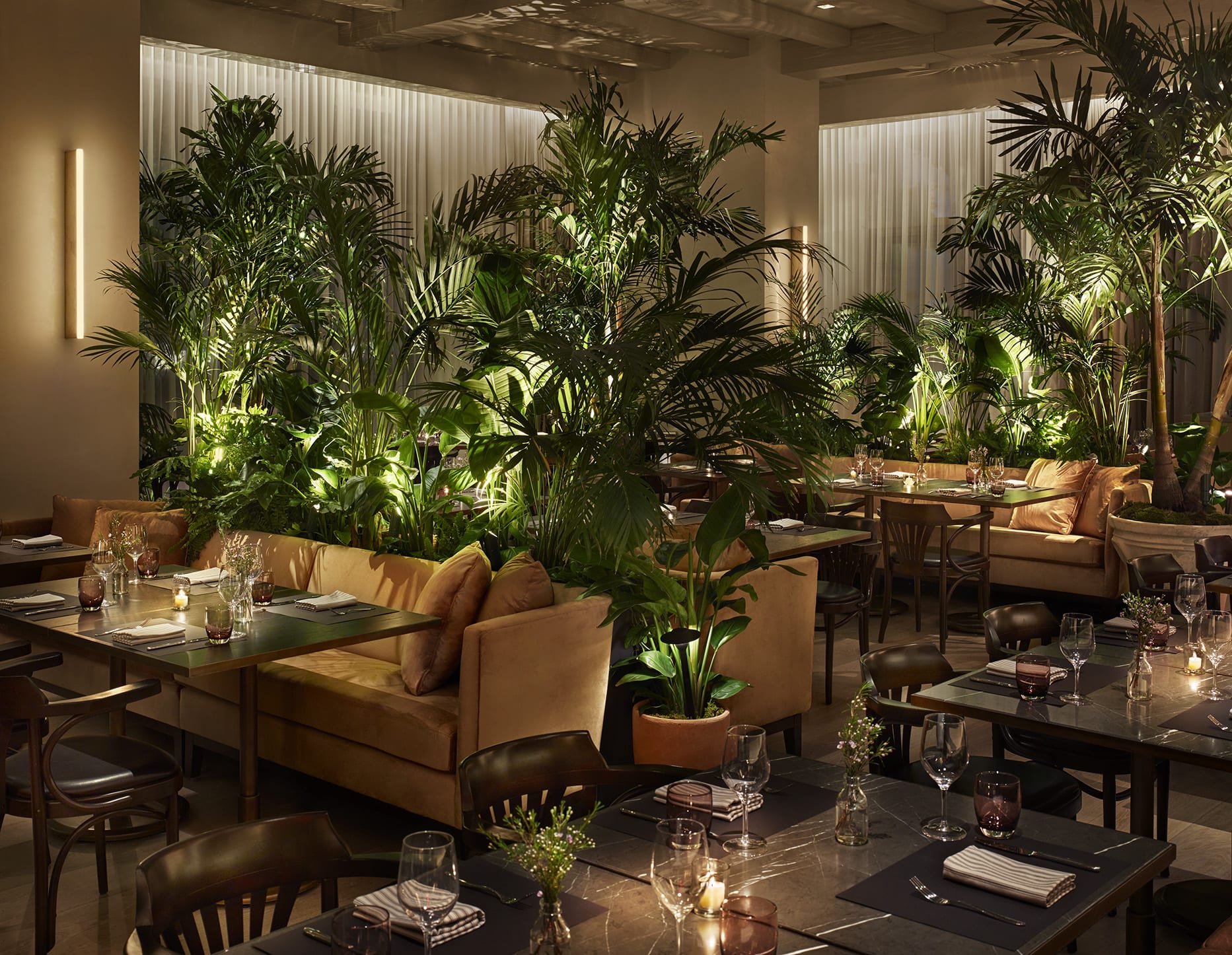 Restaurante acogedor iluminado con velas rodeado de exuberante follaje tropical