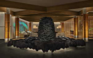 Lobby with stunning stone sculpture 