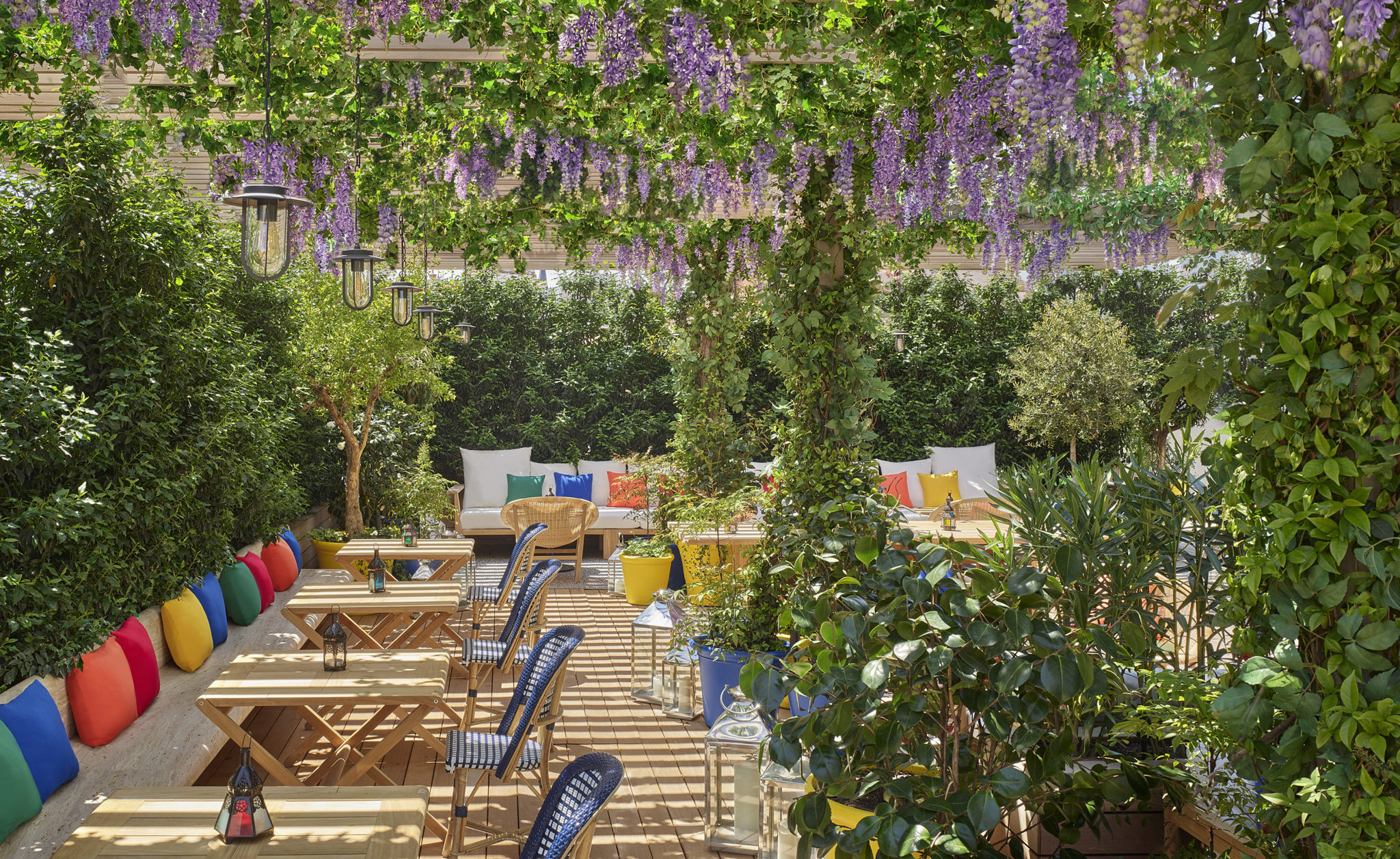 Bright dining area with hanging garden and colorful throw pillows and potted flora